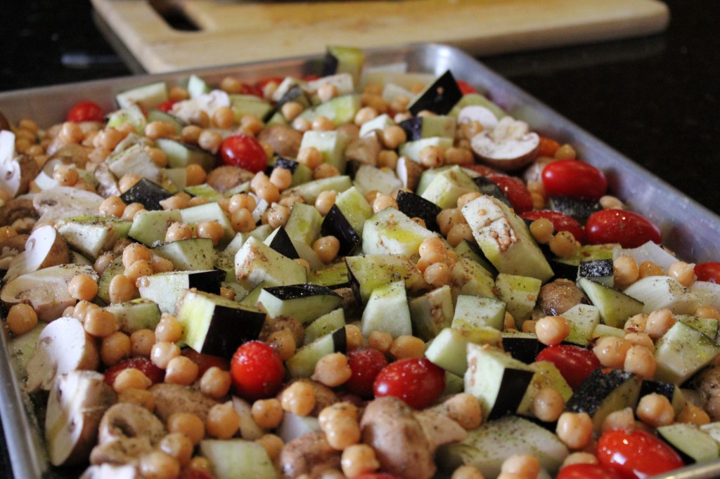 Roasted eggplant with chickpeas and cherry tomatoes
