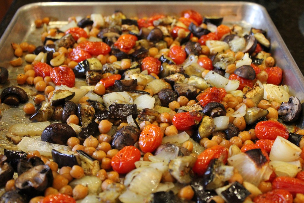Roasted eggplant with chickpeas and cherry tomatoes