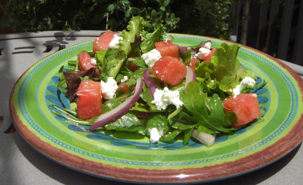 Watermelon Salad with Arugula, Field Greens, and Feta Cheese