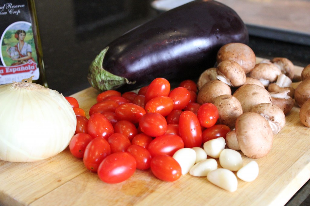 Roasted eggplant with chickpeas and cherry tomatoes