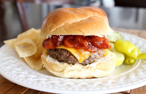 Steakhouse Cheddar Burger with Warm Bacon Onion BBQ Sauce