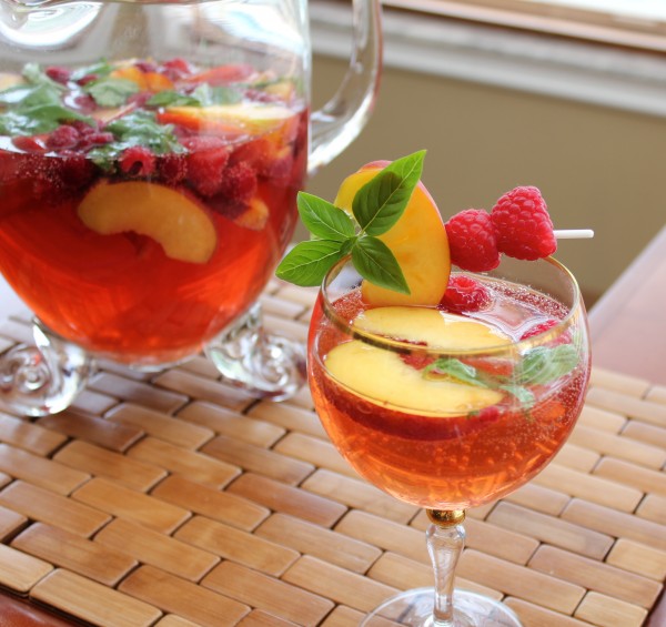 White Summer Sangria with Basil, Peach and Raspberry