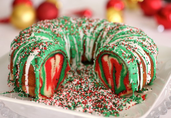 Rainbow Tie-dye Christmas Wreath Bundt Cake